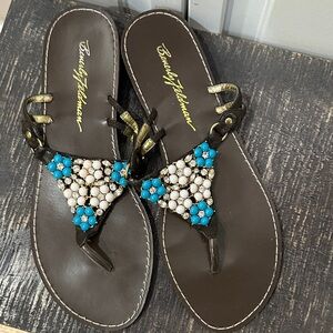 Beverly Feldman brown Sandals with Blue and White Beads